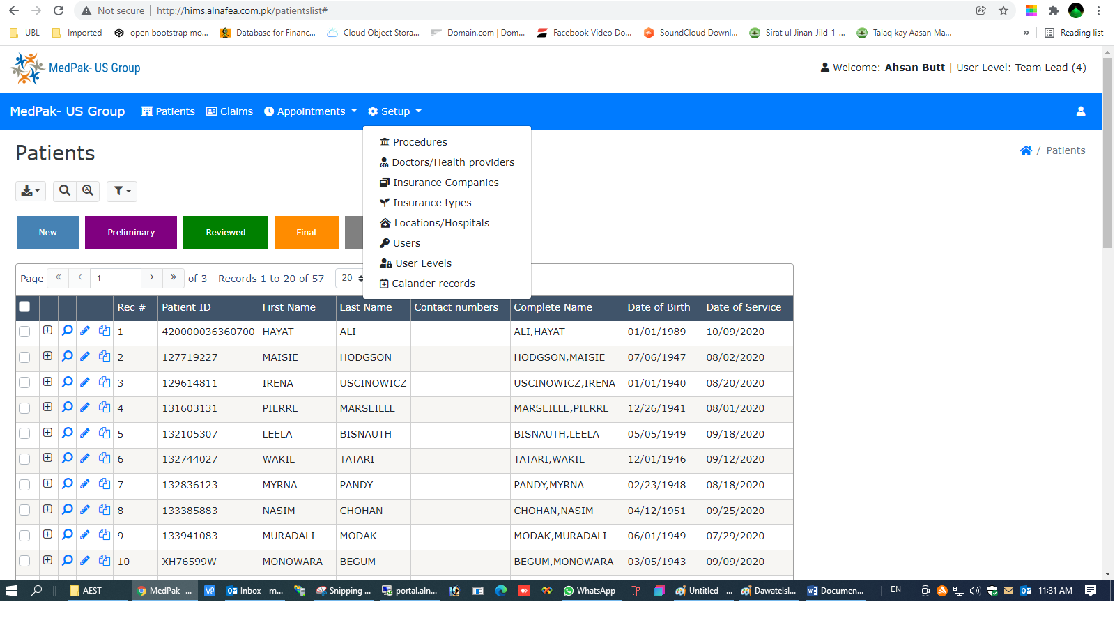Health information management system screenshot
